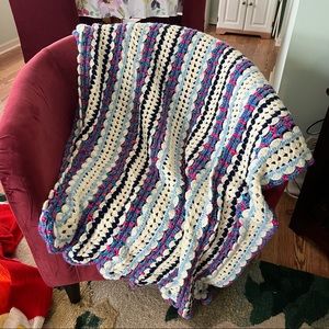 Handmade Crochet White, Blue, & Pink Striped Throw Blanket